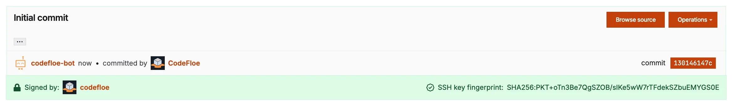 An initial commit authored by a user, committed by CodeFloe and signed by codefloe, both linking to the CodeFloe organization