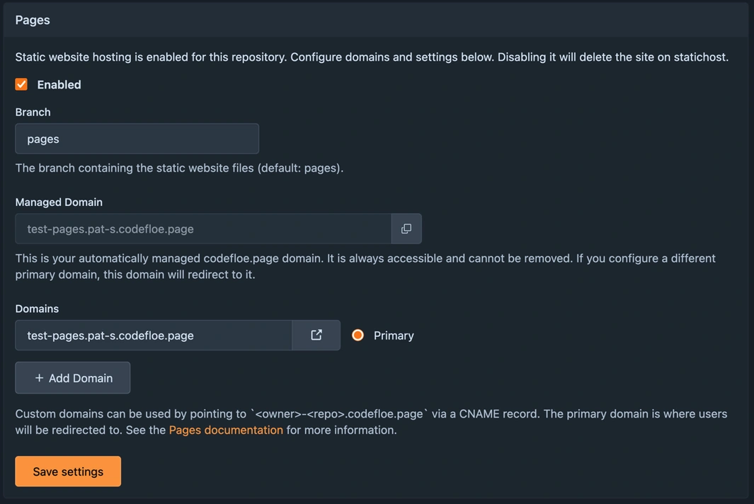 Pages repository settings